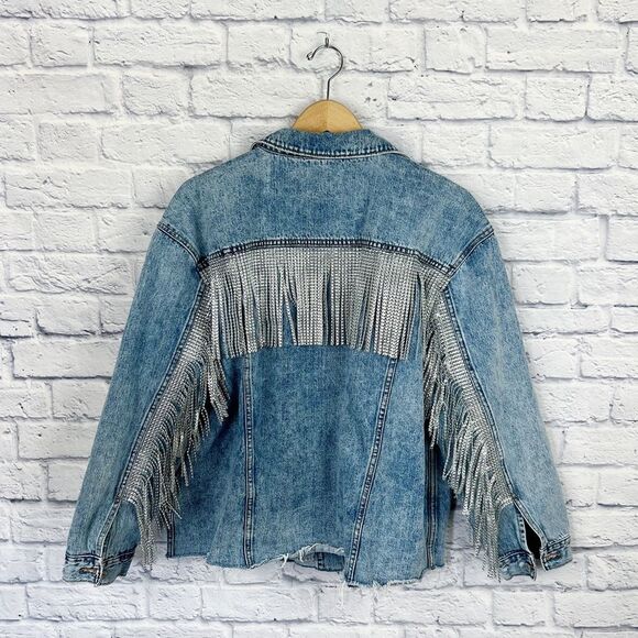 Rhinestone Fringe Jean Jacket Handmade Cowgirl Ranch Bride XL - Picture 3 of 8